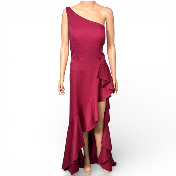 NWT Ieena for Mac Duggal Berry One-Shoulder Ruffle Gown with High Slit – Size 12